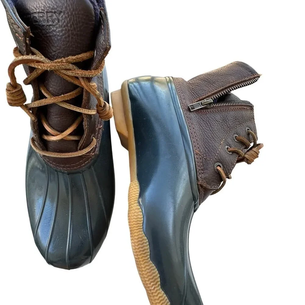 Sperry Waterproof Leather Duck Boots Women’s 9 Brown Lace Up Rubber Winter